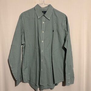 Ralph Lauren XL Green White Checkered Mens Long Sleeve 100% Cotton Stretch Shirt